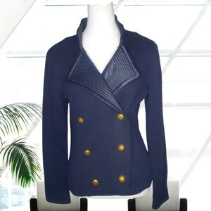 Ralph Lauren 100% Cotton Knit Black Military Style Double Breasted Blazer